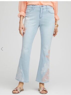 Chico's So Slimming Kick Flare Girlfriend Jeans Light Wash Embroidered Boho 16
